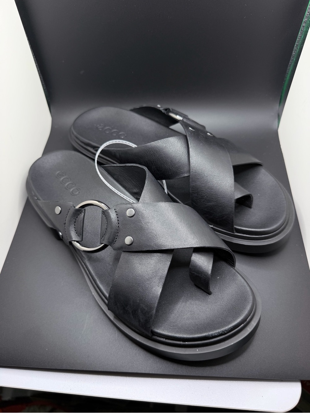 Ecco Black Leather Cross-Strap Slide Sandals NWOB - Picture 8 of 15